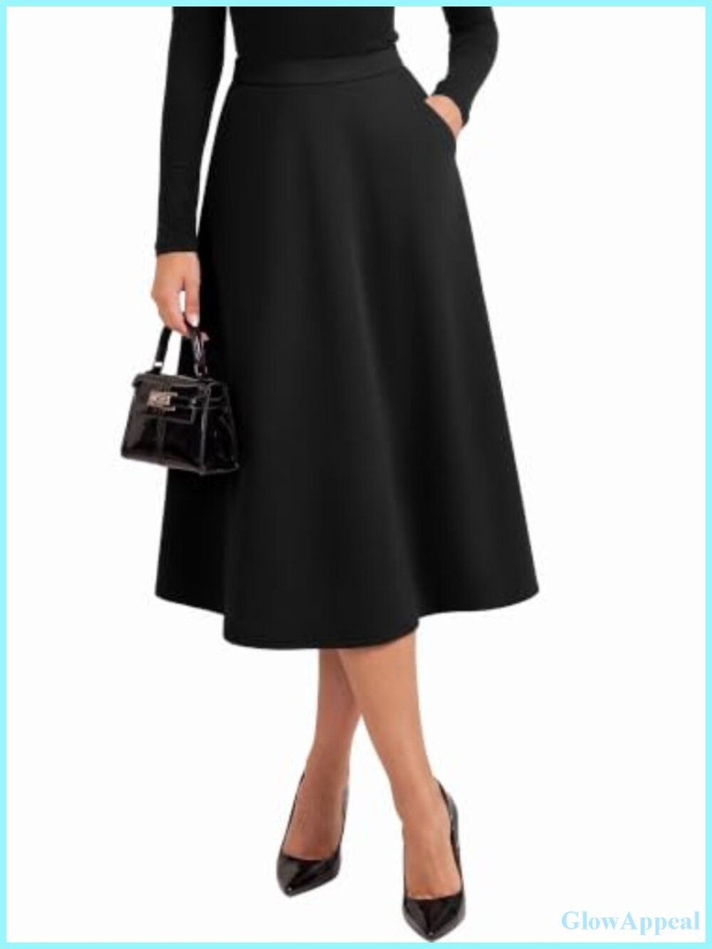 Vintage High Waisted A-Line Midi Skirt with Pockets, Elastic Waist, Fall Winter
